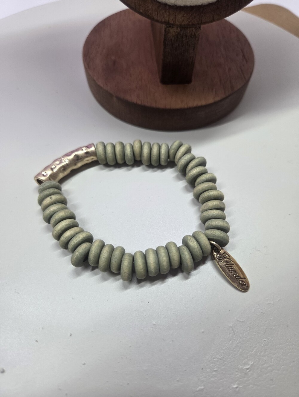 Plunder Sage Green Wood Bead Stretch Bracelet with Gold Charm